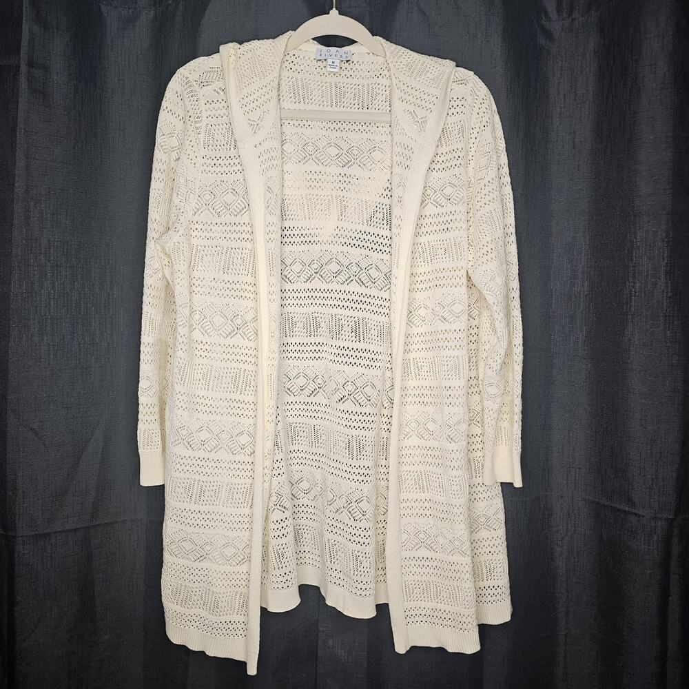 Joan Rivers Hooded Knit Cardigan Open Front Boho Duster Crochet Layer Medium
